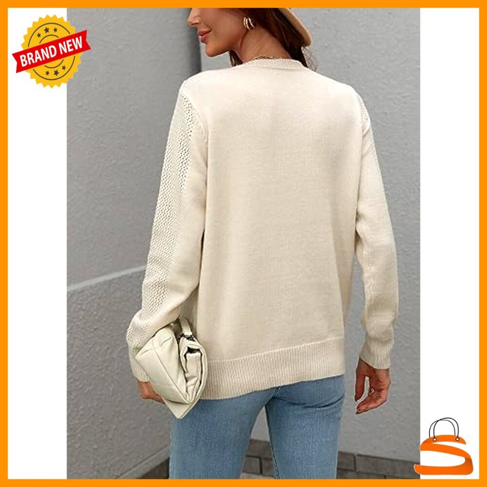 Loose Fit Crochet Fringe Sweater Pullover Long Sleeve Knit Top - Picture 4 of 5